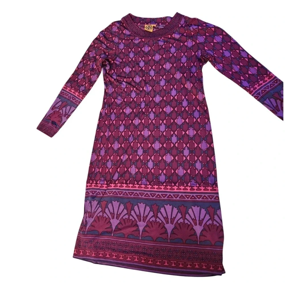 Tory Burch Pink Purple Geometric Floral Jersey Long Sleeve Belted Dress XL